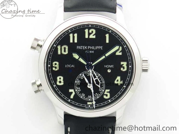 MIROTIME 0402 Stylish Calatrava 5524 Pilot Travel Time SS GRF Black Dial on Black Leather Strap A324 V 7108